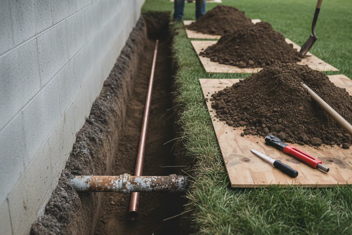 Excavated water line trench during Water Softener Installation in Fort Branch